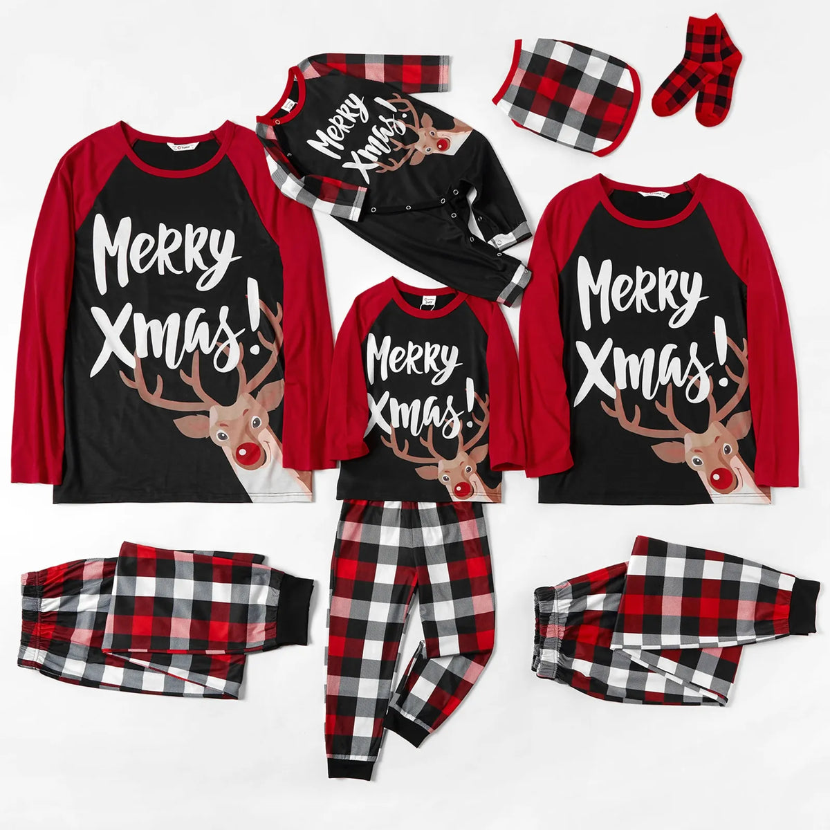 PatPat Christmas Pajamas Family Matching 2 Piece Couple Pjs Sets Letter & Deer Print Long Sleeve Top & Plaid Pants for Men Holiday Sleepwear with Socks, Black/Red, L