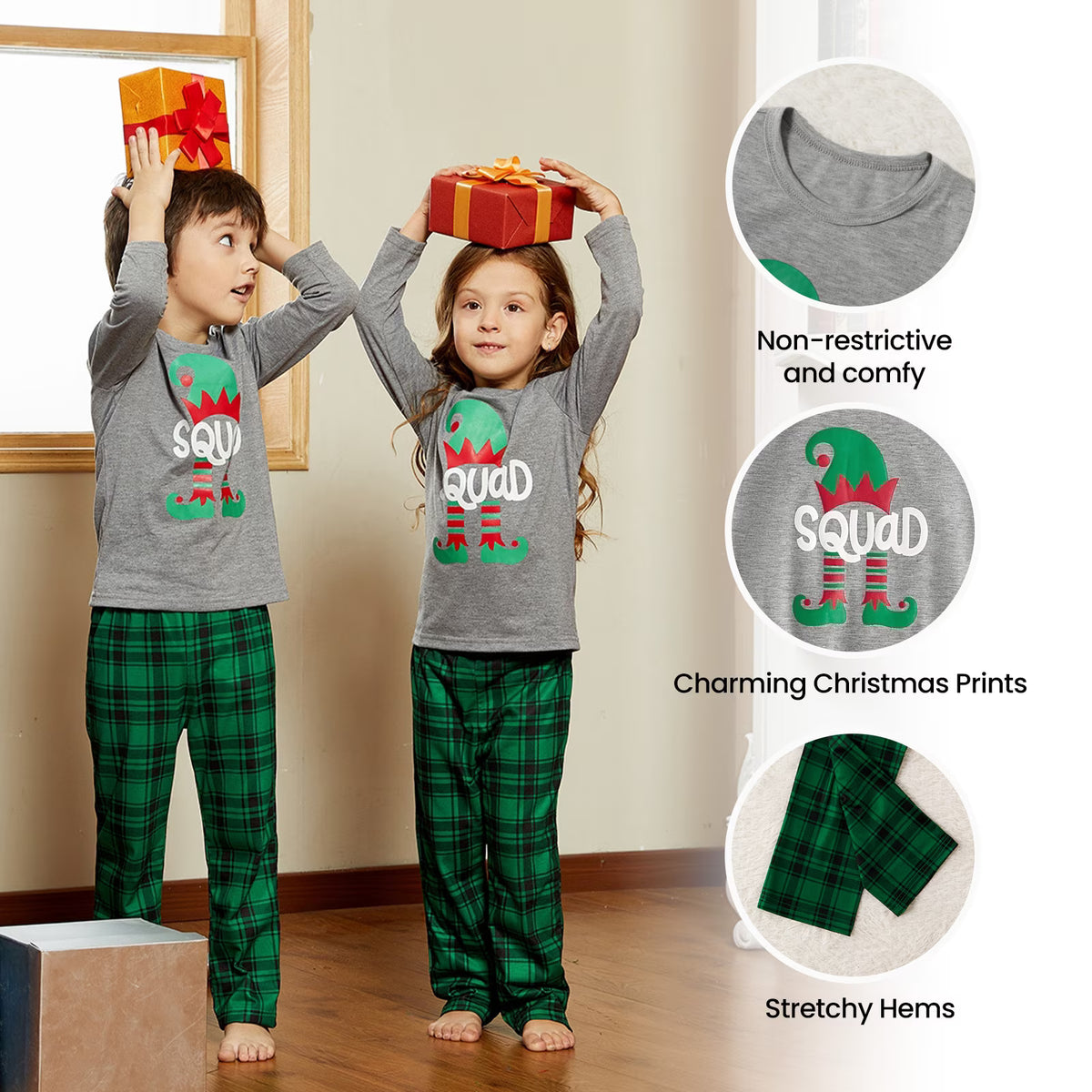PatPat Kids Family Christmas Pajamas Matching Sets Long Sleeve Top and Green Plaid Pant Gifts Flame Retardant with Socks, 2-Piece, Size 3-4Y