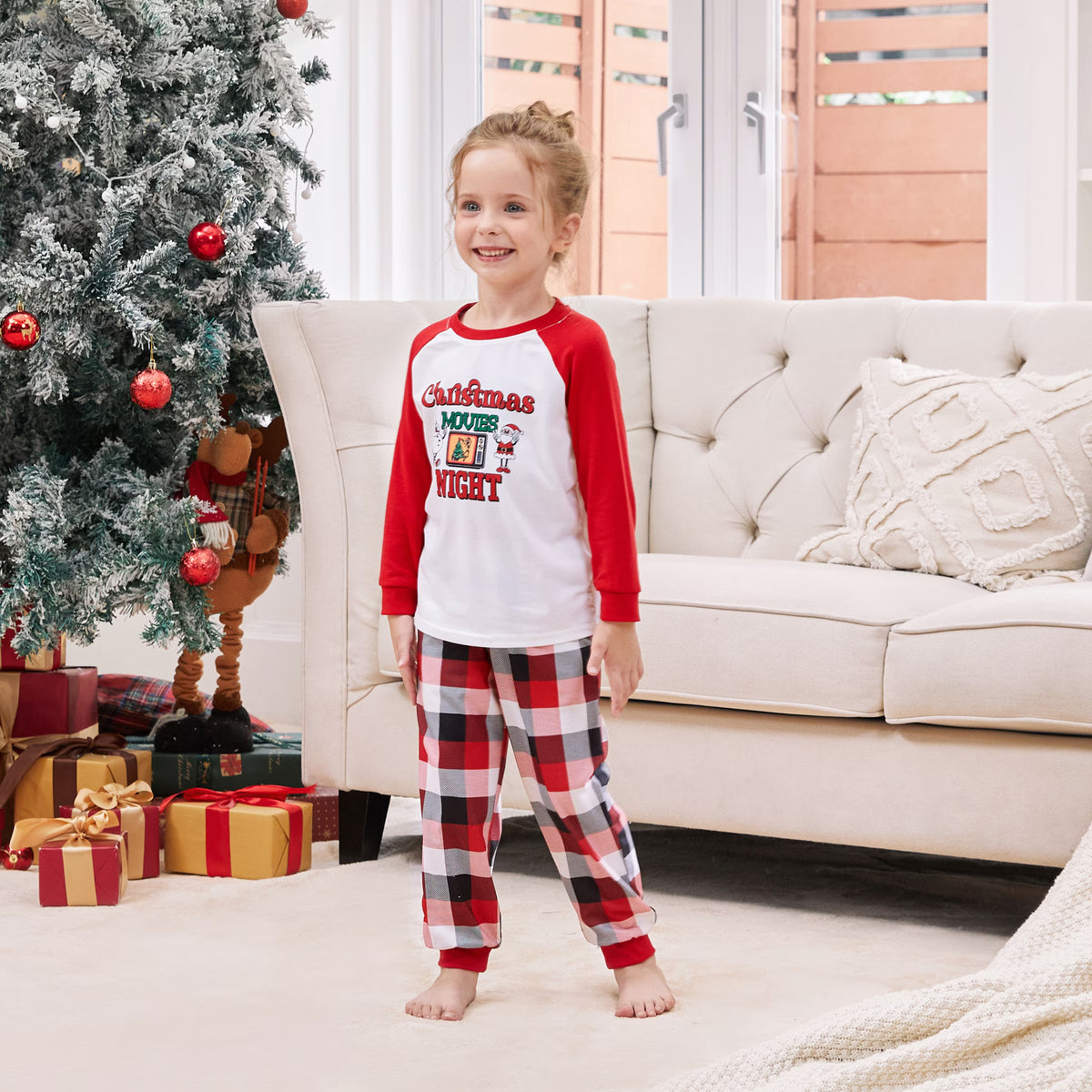 PatPat Girls or Boys Family Christmas Pajamas Matching Sets Red Plaid Pants Long Sleeves Santa Tops with Socks, 2-Piece, Size Kids: 8-9Y