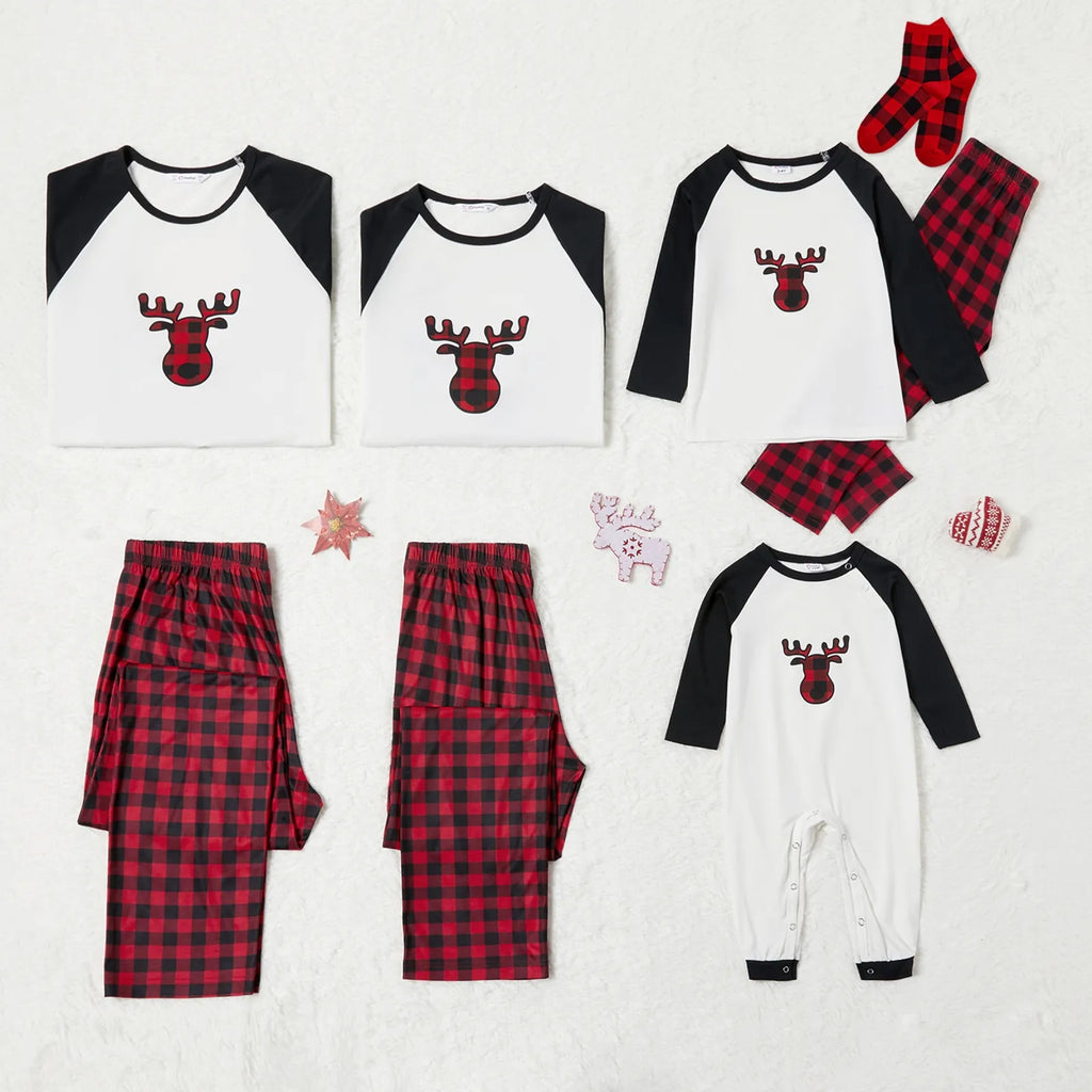 PatPat Christmas Pajamas Family Matching 2 Piece Pjs Sets for Baby Girls Boys Deer Plaid Pants with Holiday Socks, Black/White, 6-9 Months