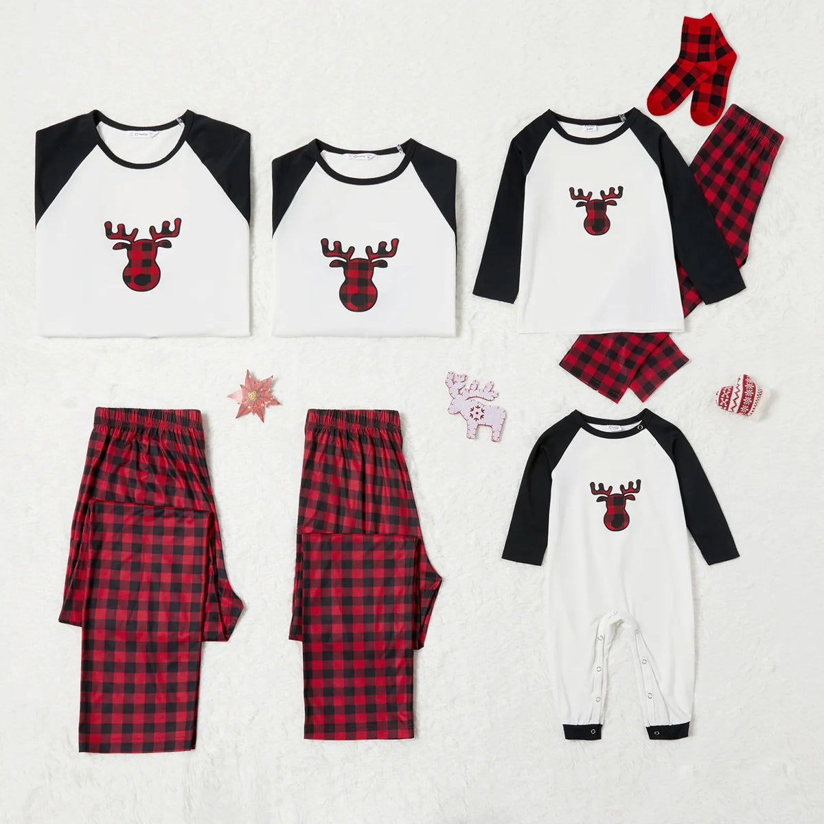 PatPat Christmas Pajamas Family Matching 2 Piece Pjs Sets for Baby Girls Boys Deer Plaid Pants with Holiday Socks, Black/White, 6-9 Months