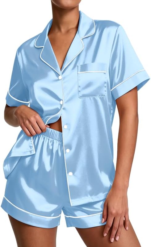 Pajamas for Women Set Silk Satin Pjs Button Down Sleepwear Summer Loungewear Top and Shorts Lounge Set S-XXL