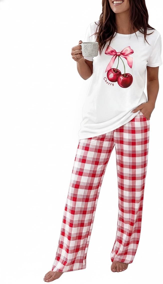 CHICME Womens Pajamas Sets 2 Piece Short Sleeve Lounge Set Printed Loose Pants Pj Sets Loungewear Set