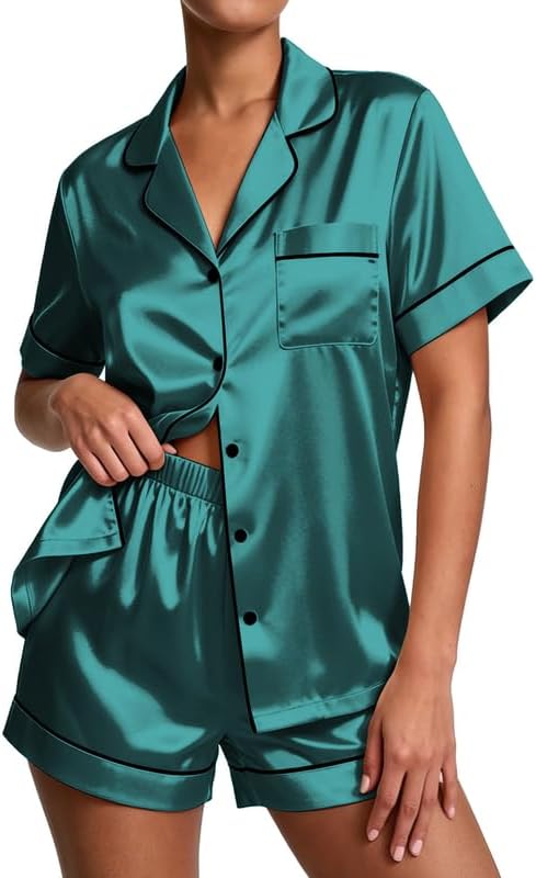 Pajamas for Women Set Silk Satin Pjs Button Down Sleepwear Summer Loungewear Top and Shorts Lounge Set S-XXL