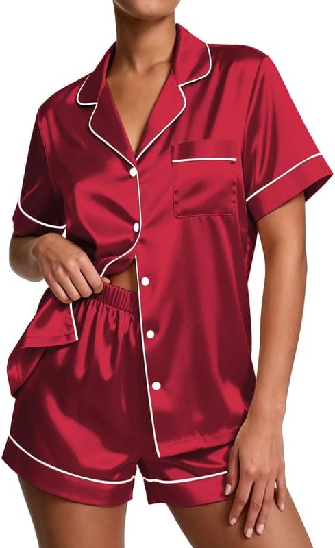 Pajamas for Women Set Silk Satin Pjs Button Down Sleepwear Summer Loungewear Top and Shorts Lounge Set S-XXL