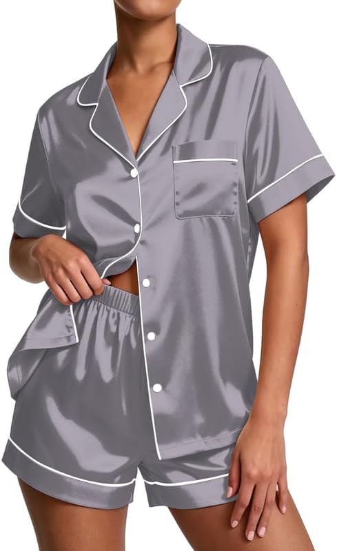Pajamas for Women Set Silk Satin Pjs Button Down Sleepwear Summer Loungewear Top and Shorts Lounge Set S-XXL