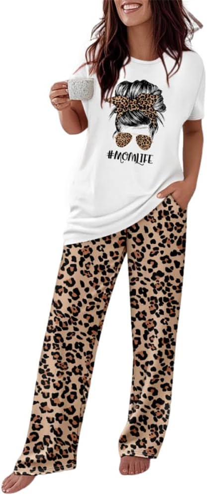 CHICME Womens Pajamas Sets 2 Piece Short Sleeve Lounge Set Printed Loose Pants Pj Sets Loungewear Set