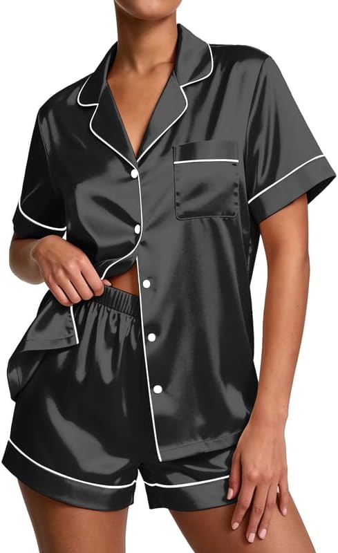 Pajamas for Women Set Silk Satin Pjs Button Down Sleepwear Summer Loungewear Top and Shorts Lounge Set S-XXL