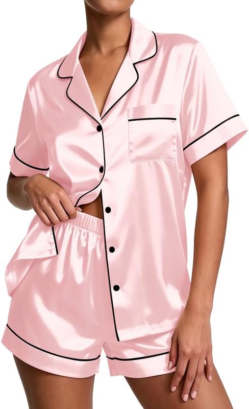 Pajamas for Women Set Silk Satin Pjs Button Down Sleepwear Summer Loungewear Top and Shorts Lounge Set S-XXL