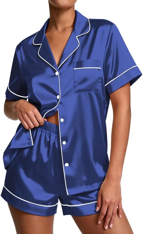 Pajamas for Women Set Silk Satin Pjs Button Down Sleepwear Summer Loungewear Top and Shorts Lounge Set S-XXL