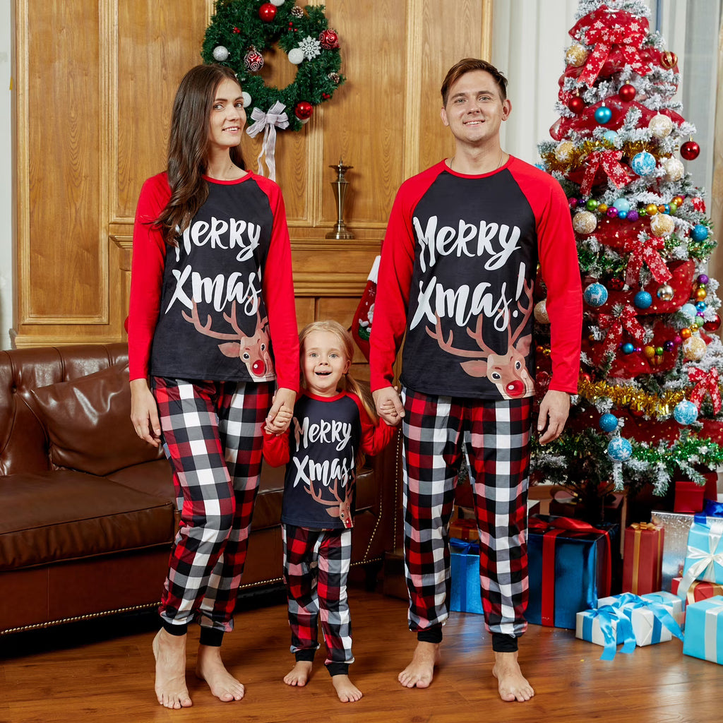 PatPat Christmas Pajamas Family Matching 2 Piece Couple Pjs Sets Letter & Deer Print Long Sleeve Top & Plaid Pants for Men Holiday Sleepwear with Socks, Black/Red, L