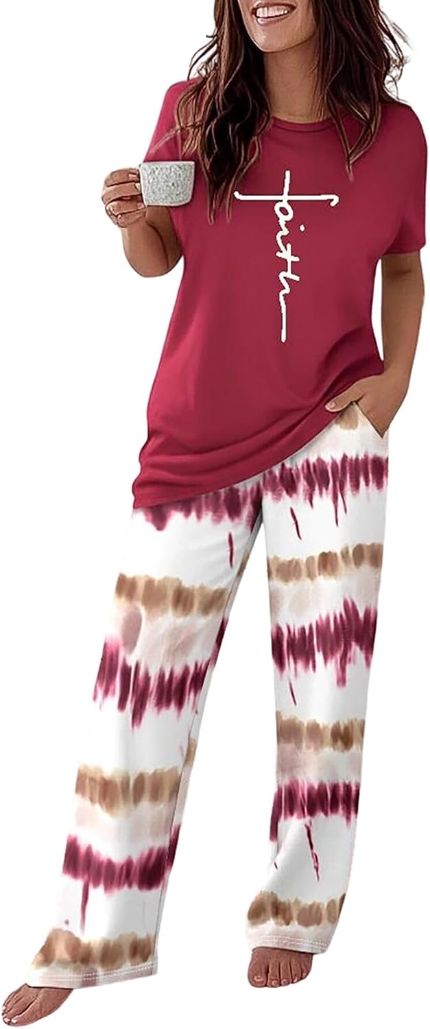 CHICME Womens Pajamas Sets 2 Piece Short Sleeve Lounge Set Printed Loose Pants Pj Sets Loungewear Set