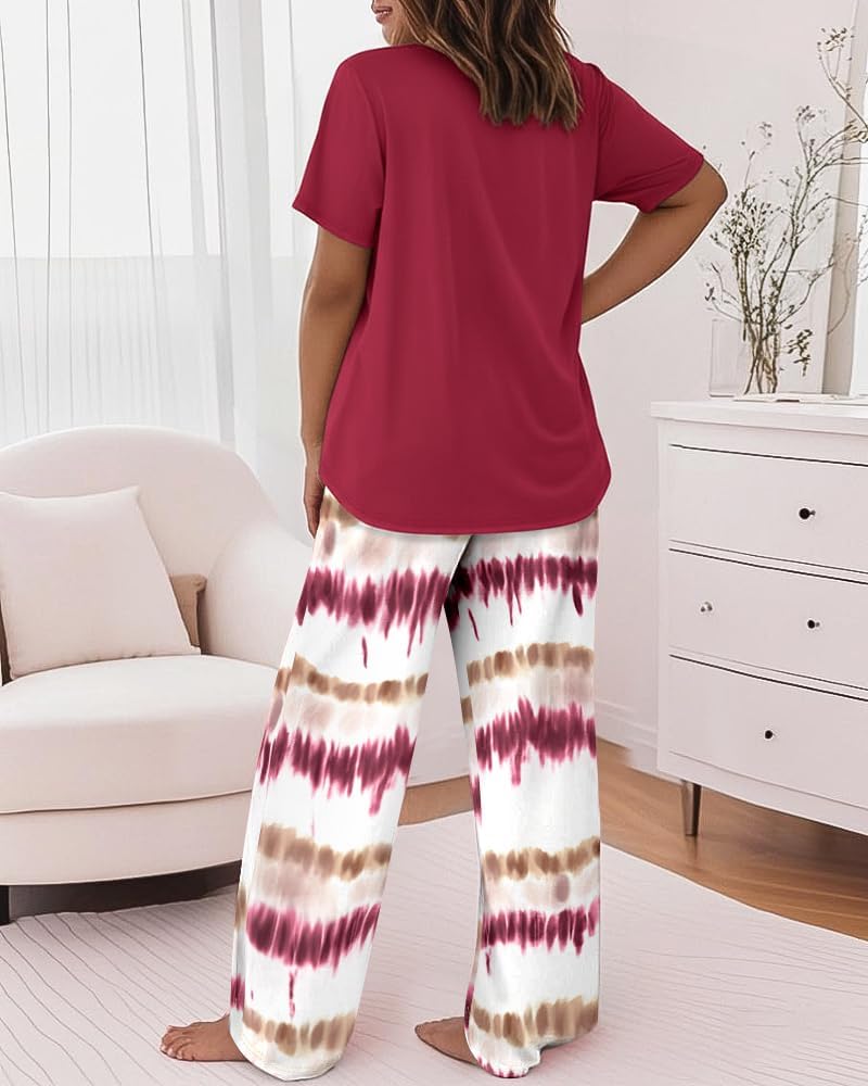 CHICME Womens Pajamas Sets 2 Piece Short Sleeve Lounge Set Printed Loose Pants Pj Sets Loungewear Set