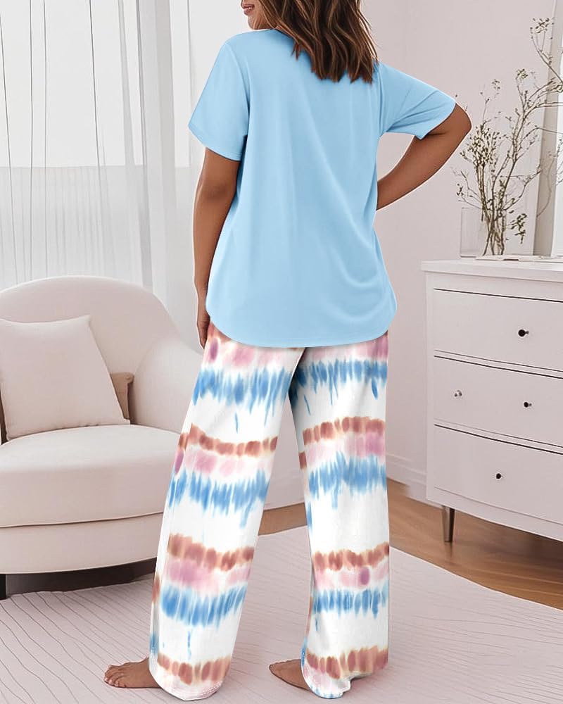 CHICME Womens Pajamas Sets 2 Piece Short Sleeve Lounge Set Printed Loose Pants Pj Sets Loungewear Set