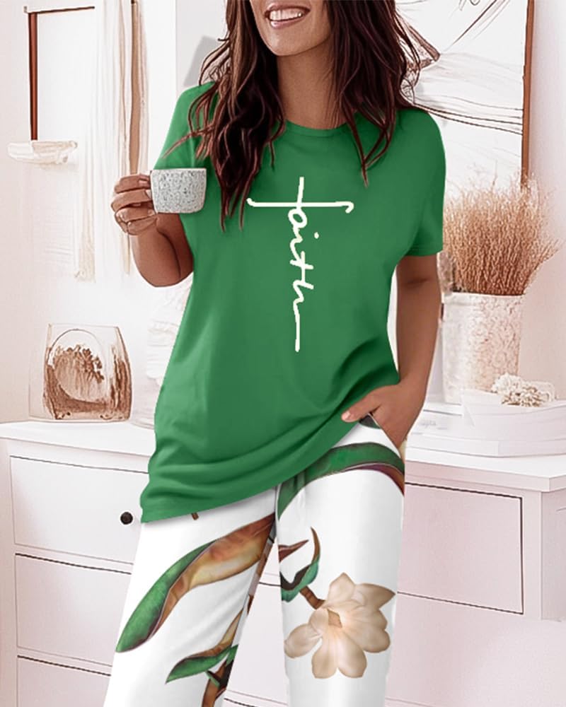 CHICME Womens Pajamas Sets 2 Piece Short Sleeve Lounge Set Printed Loose Pants Pj Sets Loungewear Set