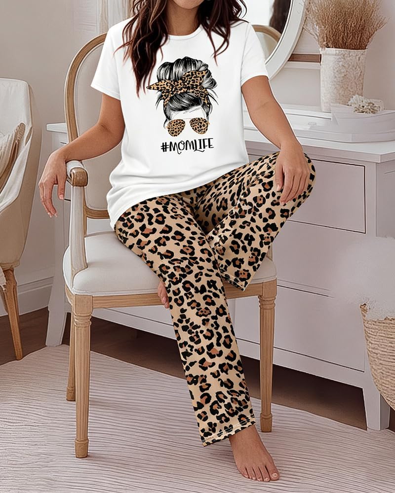 CHICME Womens Pajamas Sets 2 Piece Short Sleeve Lounge Set Printed Loose Pants Pj Sets Loungewear Set