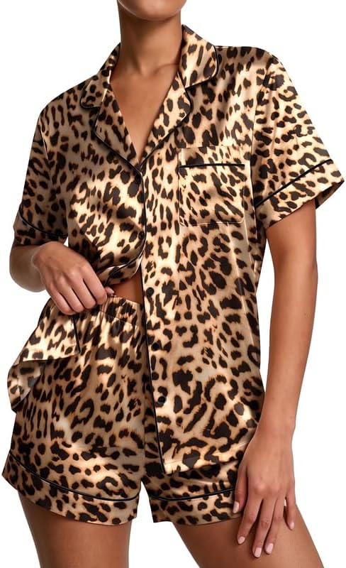Pajamas for Women Set Silk Satin Pjs Button Down Sleepwear Summer Loungewear Top and Shorts Lounge Set S-XXL