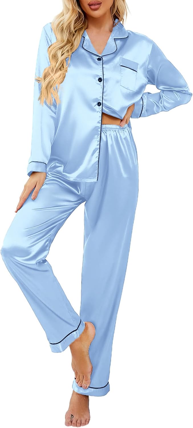 Women's Classic Button Down Long Satin Silk Pajama Set