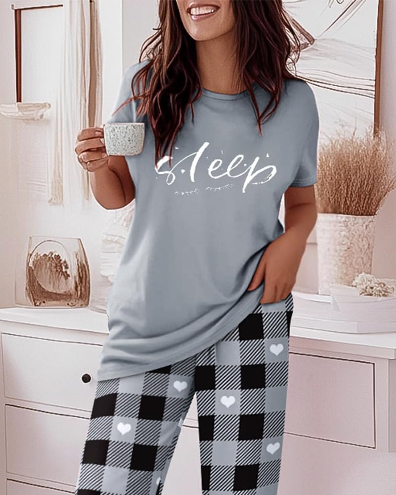 CHICME Womens Pajamas Sets 2 Piece Short Sleeve Lounge Set Printed Loose Pants Pj Sets Loungewear Set
