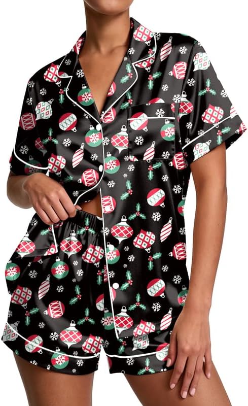 Pajamas for Women Set Silk Satin Pjs Button Down Sleepwear Summer Loungewear Top and Shorts Lounge Set S-XXL