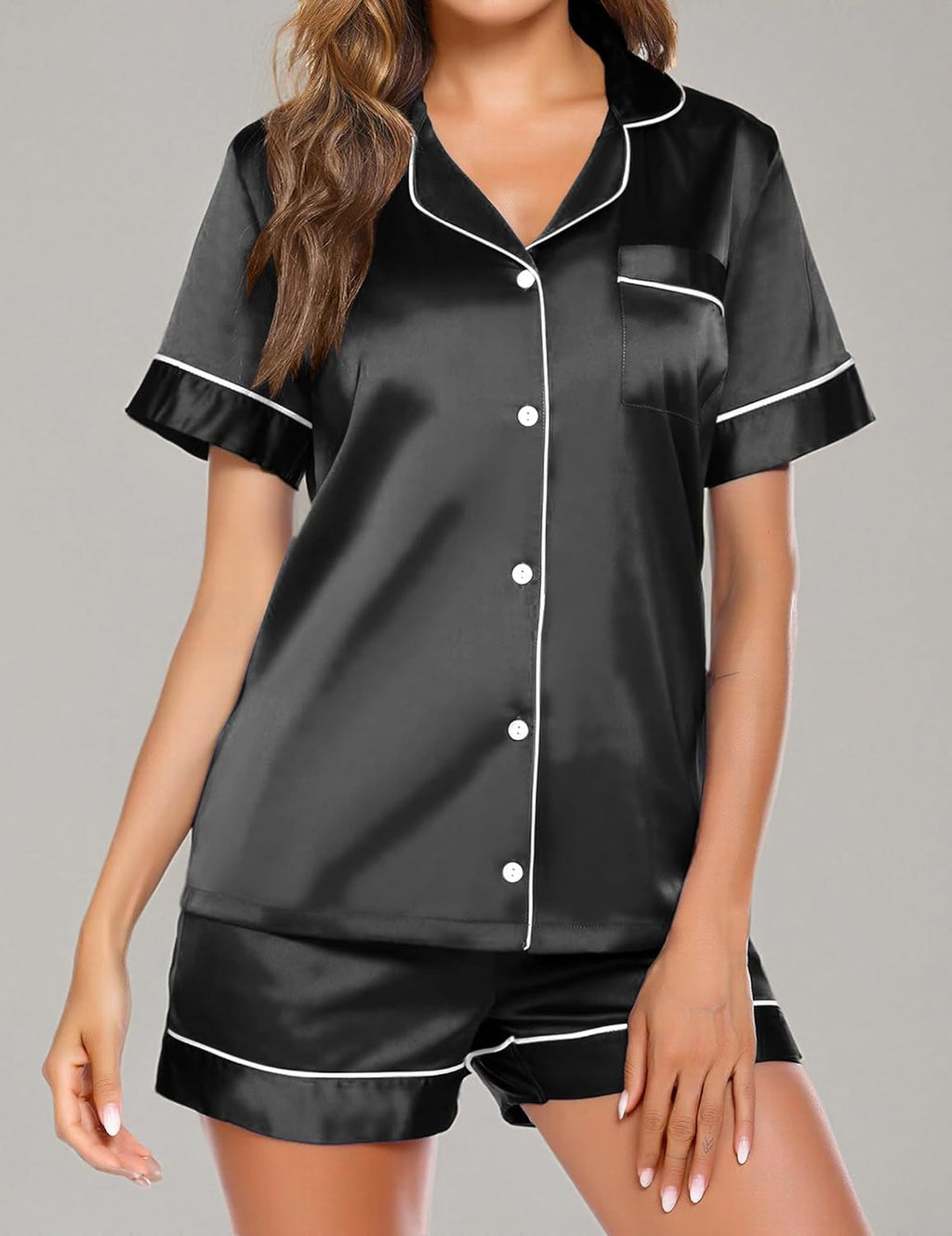 Pajamas for Women Set Silk Satin Pjs Button Down Sleepwear Summer Loungewear Top and Shorts Lounge Set S-XXL