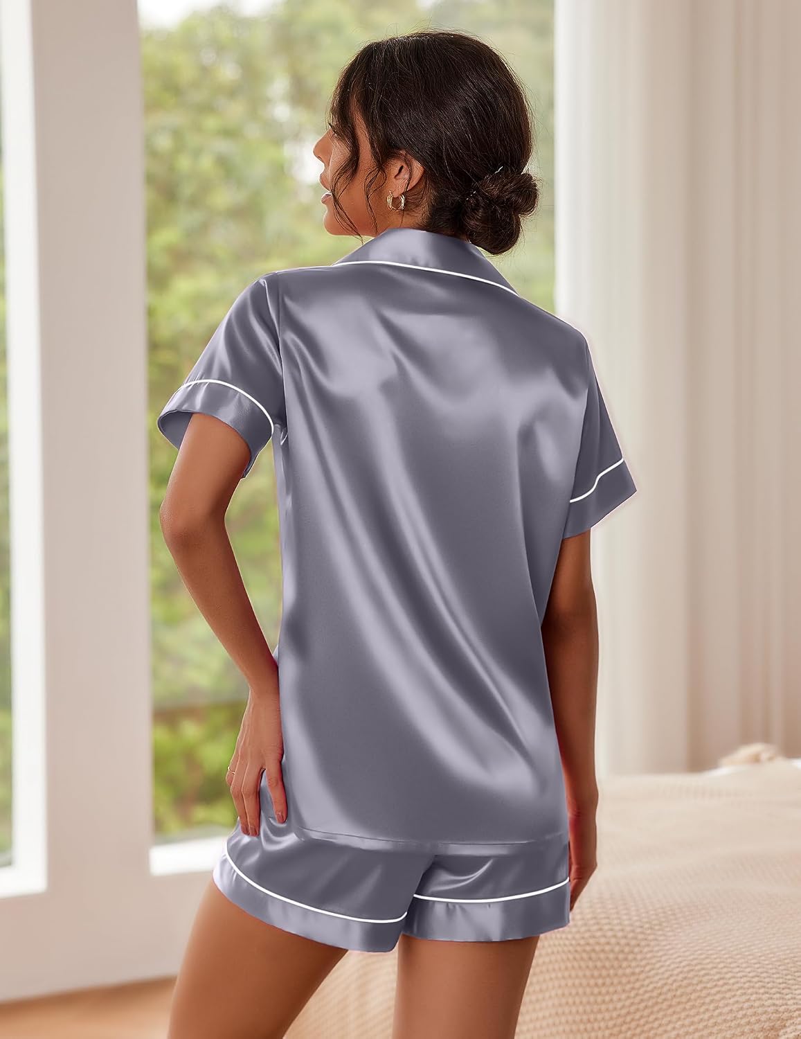 Pajamas for Women Set Silk Satin Pjs Button Down Sleepwear Summer Loungewear Top and Shorts Lounge Set S-XXL