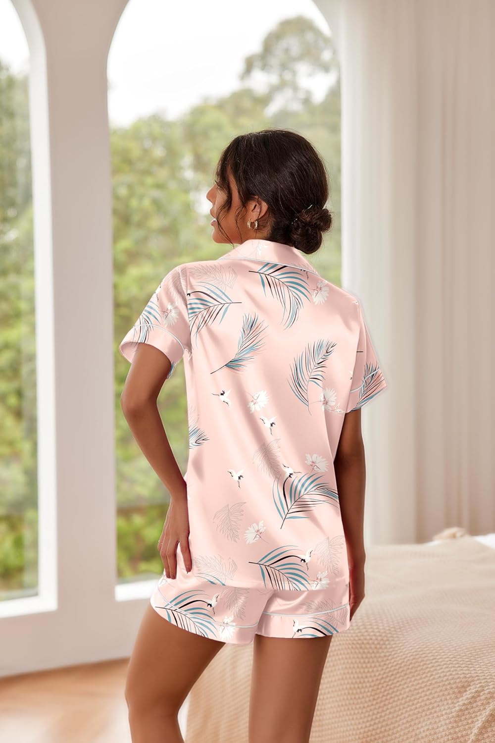 Pajamas for Women Set Silk Satin Pjs Button Down Sleepwear Summer Loungewear Top and Shorts Lounge Set S-XXL