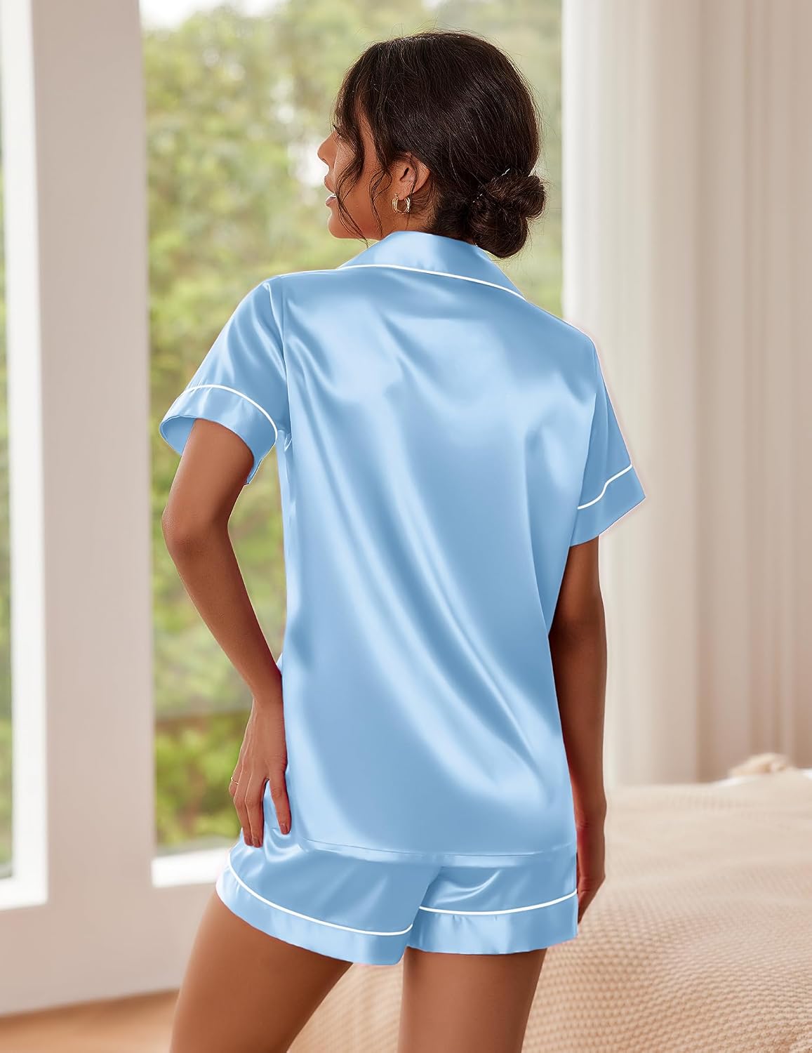 Pajamas for Women Set Silk Satin Pjs Button Down Sleepwear Summer Loungewear Top and Shorts Lounge Set S-XXL