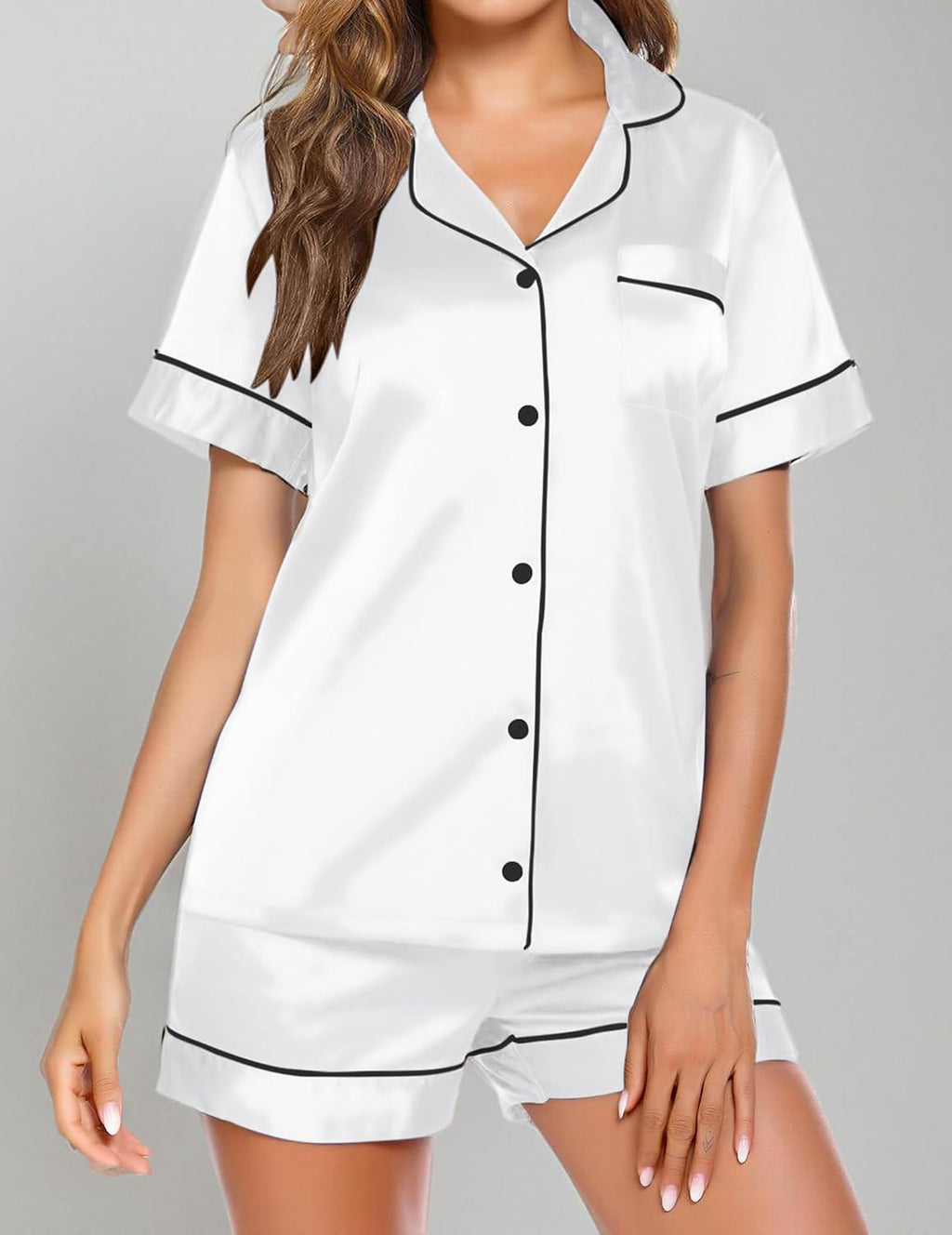 Pajamas for Women Set Silk Satin Pjs Button Down Sleepwear Summer Loungewear Top and Shorts Lounge Set S-XXL