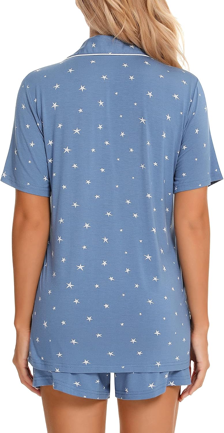 Samring Womens Pajamas Set Short Sleeve Sleepwear Button Down Nightwear Shorts Soft Pj Sets S-XXL
