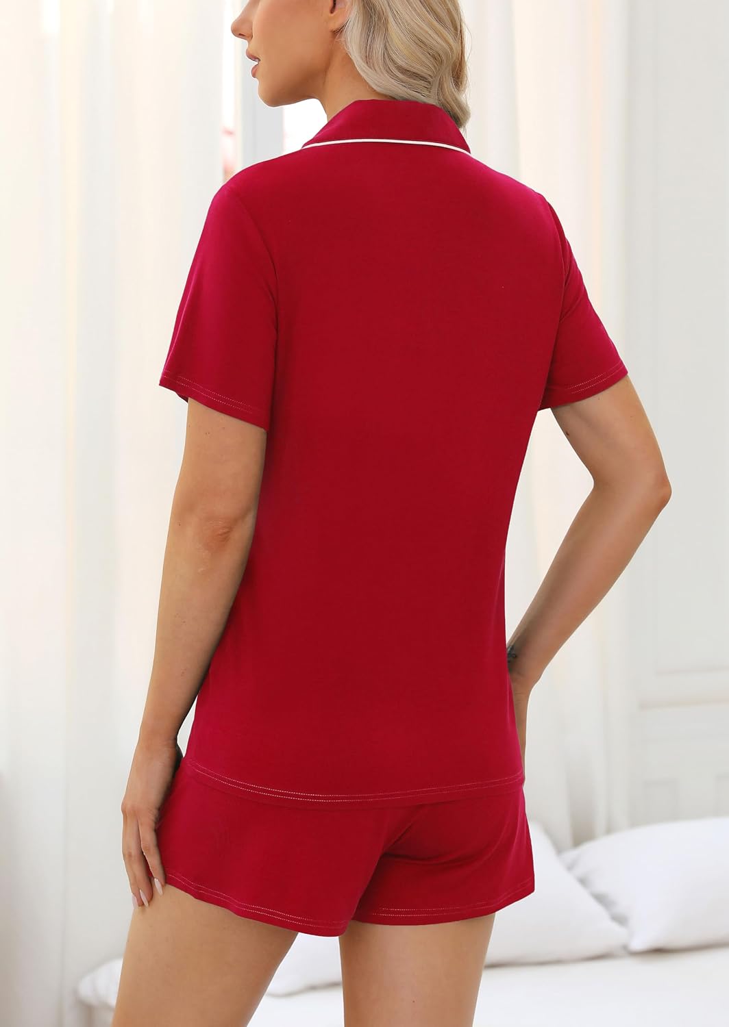 Samring Womens Pajamas Set Short Sleeve Sleepwear Button Down Nightwear Shorts Soft Pj Sets S-XXL