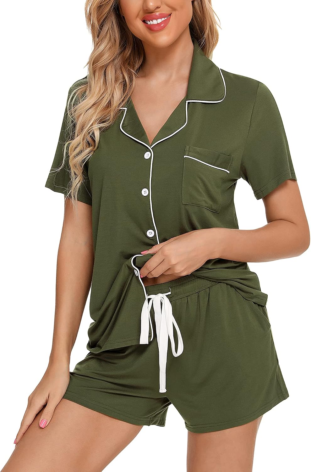 Samring Womens Pajamas Set Short Sleeve Sleepwear Button Down Nightwear Shorts Soft Pj Sets S-XXL