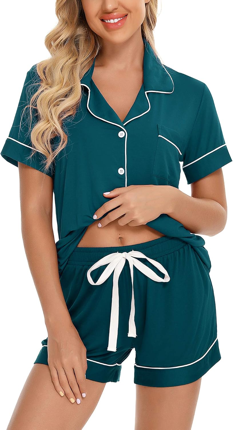 Samring Womens Pajamas Set Short Sleeve Sleepwear Button Down Nightwear Shorts Soft Pj Sets S-XXL