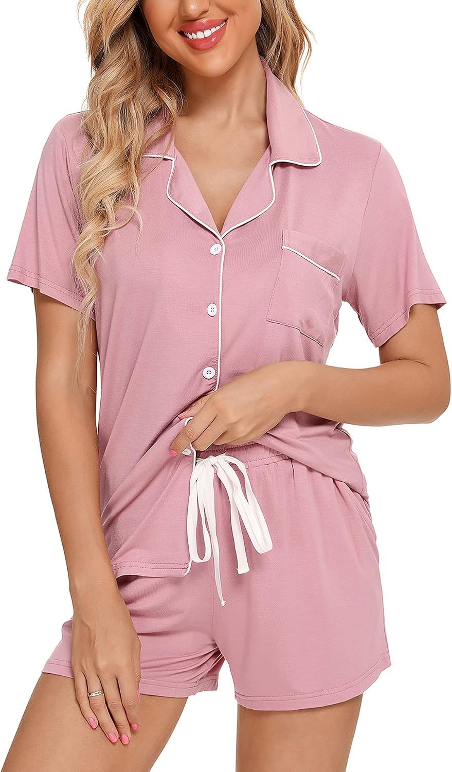 Samring Womens Pajamas Set Short Sleeve Button Down Sleepwear 2 Piece Pjs | Lounge Set,Side Pockets,Soft Stretchy,Sleep,Bridesmaid,Wedding Party,Honeymoon,Vacation,Maternity,Postpartum,Xmas,All Seasons