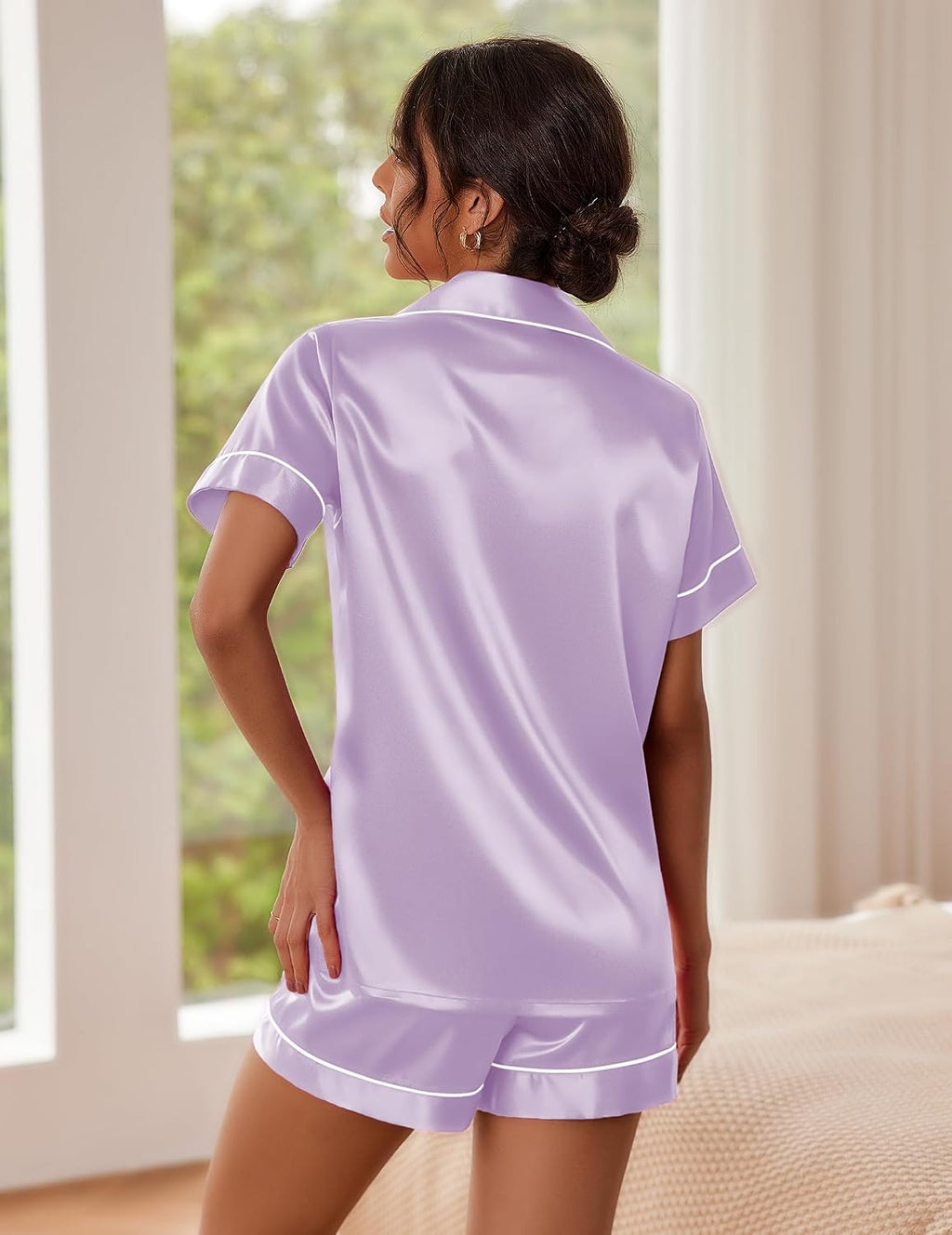 Pajamas for Women Set Silk Satin Pjs Button Down Sleepwear Summer Loungewear Top and Shorts Lounge Set S-XXL
