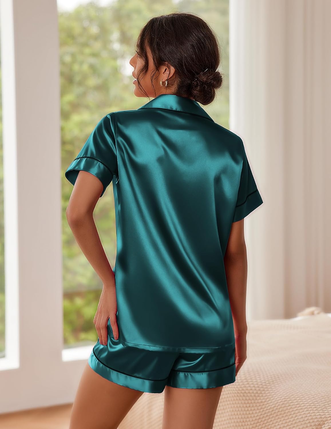 Pajamas for Women Set Silk Satin Pjs Button Down Sleepwear Summer Loungewear Top and Shorts Lounge Set S-XXL