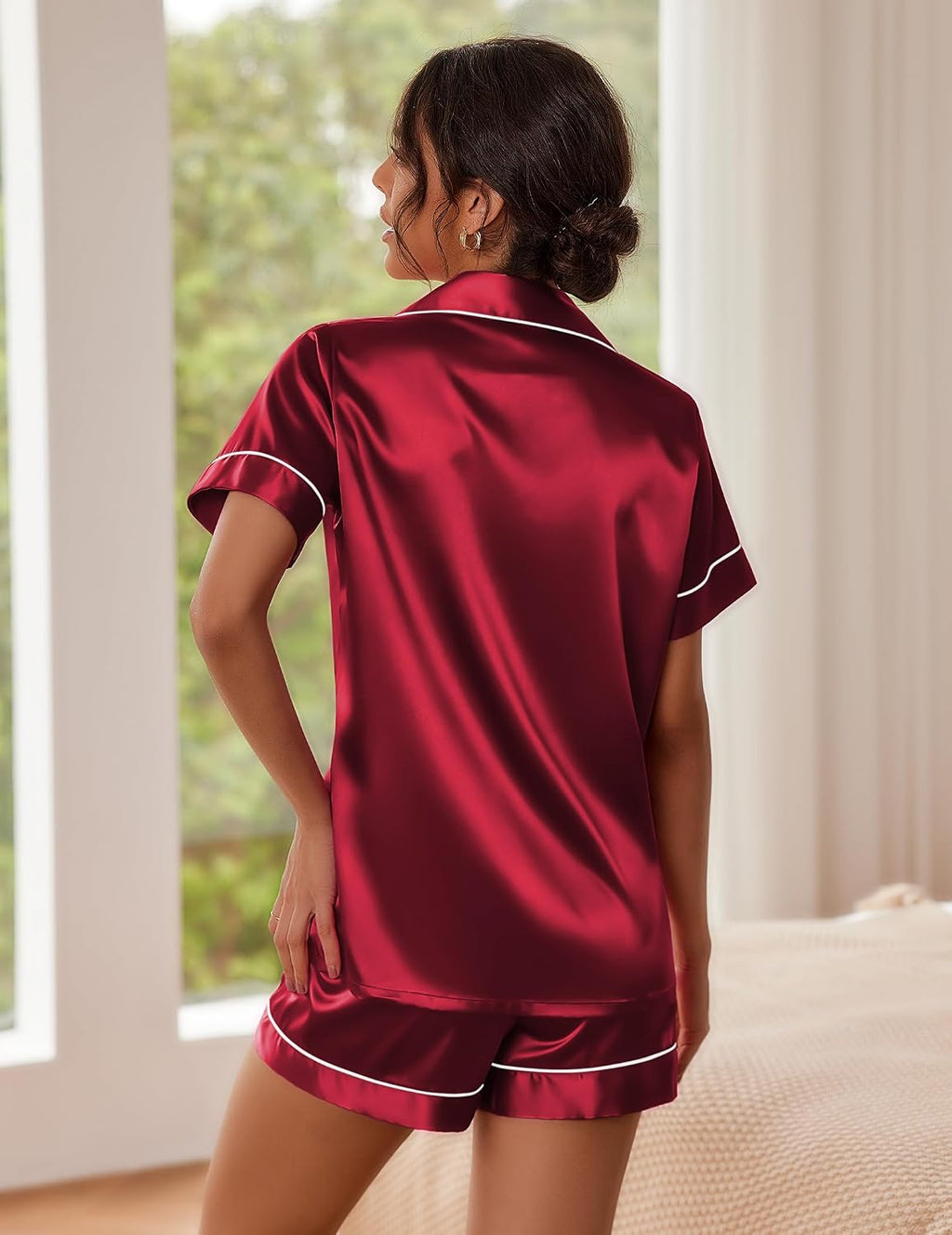 Pajamas for Women Set Silk Satin Pjs Button Down Sleepwear Summer Loungewear Top and Shorts Lounge Set S-XXL