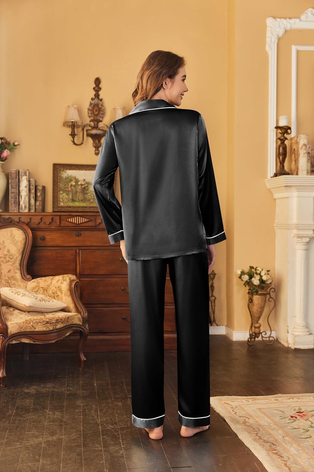Ekouaer Women's Classic Button Down Long Satin Silk Pajama Set