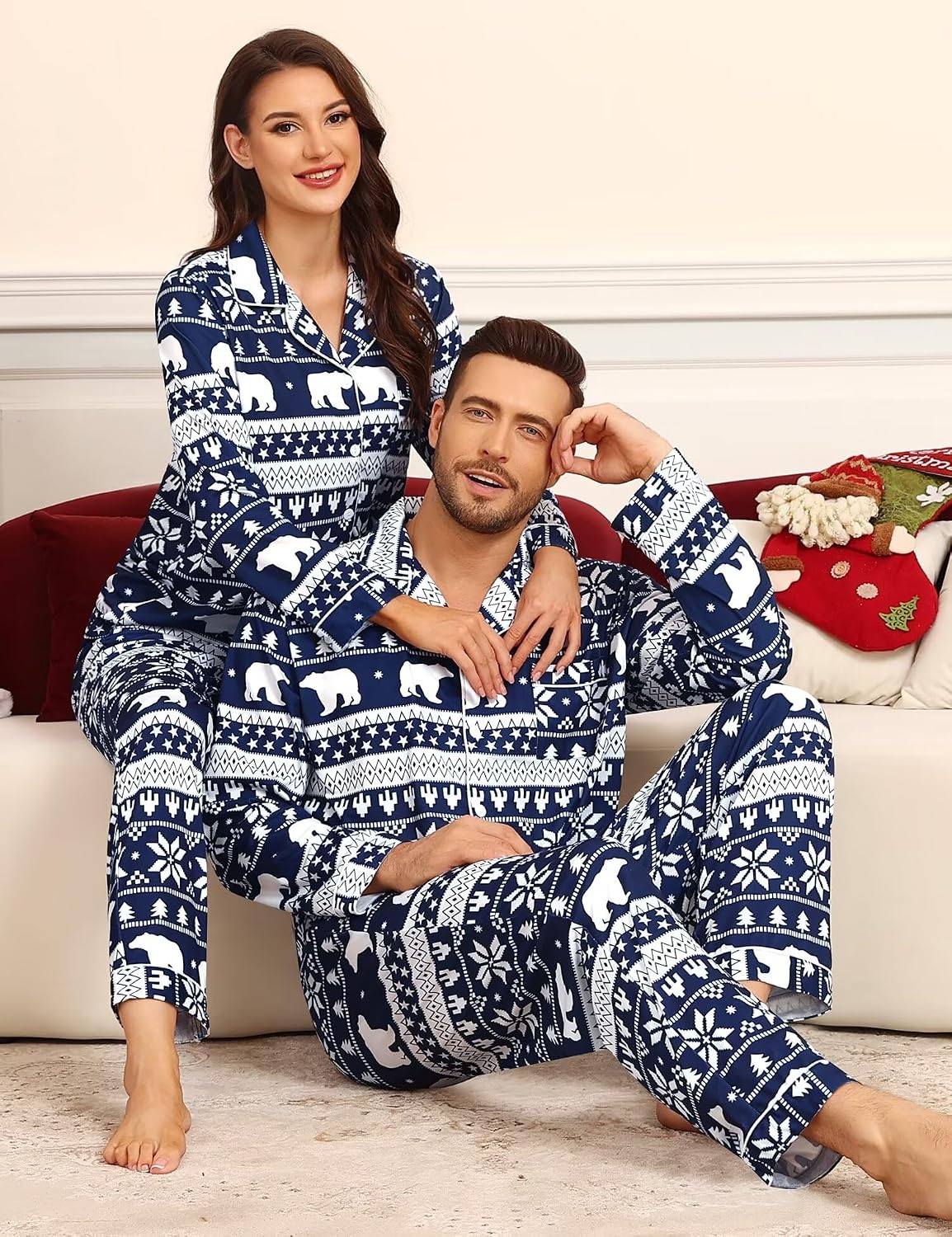 SWOMOG Matching Family Pajama Set Couple Christmas Printed Sleepwear Xmas Long Sleeve Lounge Set Men & Women Pjs Set