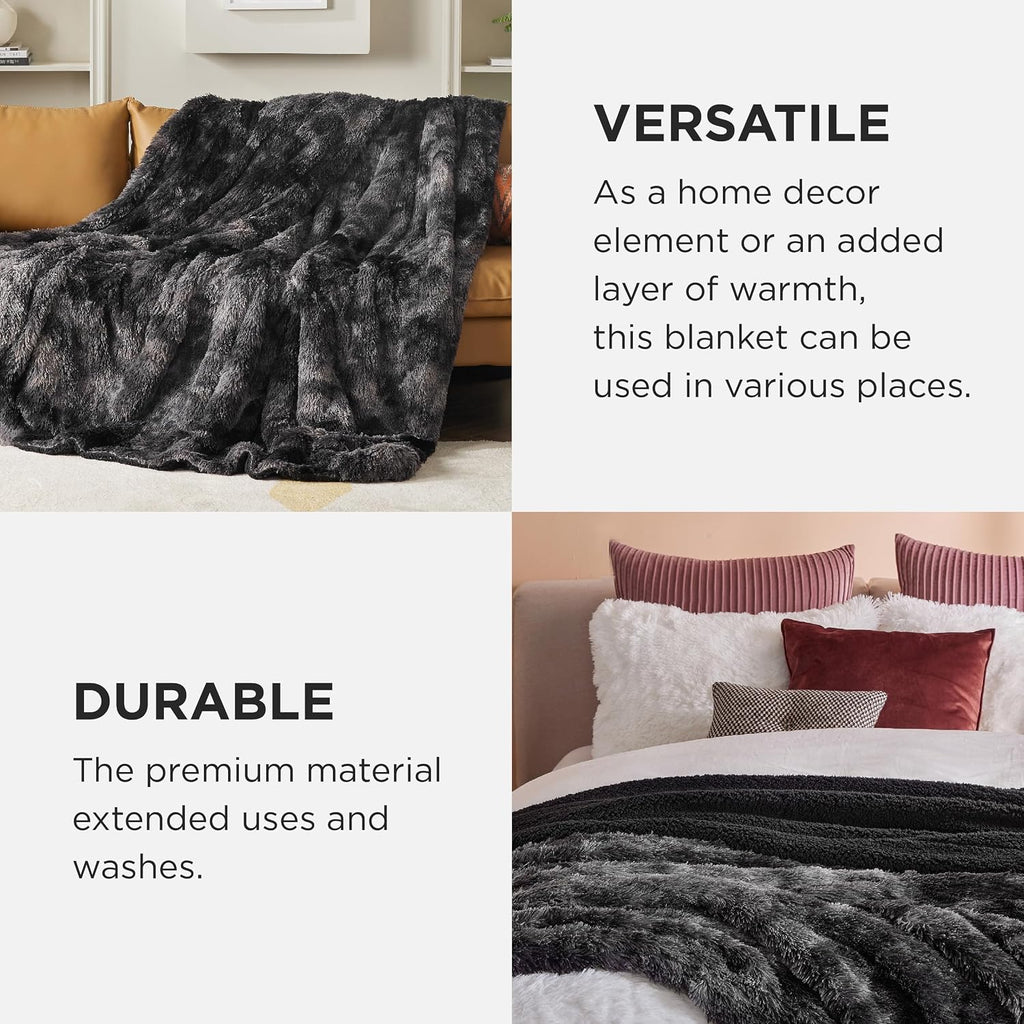Bedsure Faux Fur Fluffy Sherpa Throw Blanket Twin Tie Dye Black 60"x80"