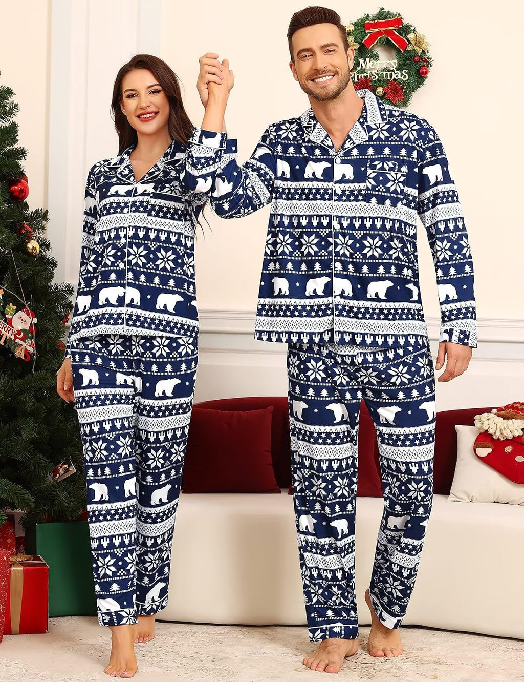 SWOMOG Matching Family Pajama Set Couple Christmas Printed Sleepwear Xmas Long Sleeve Lounge Set Men & Women Pjs Set