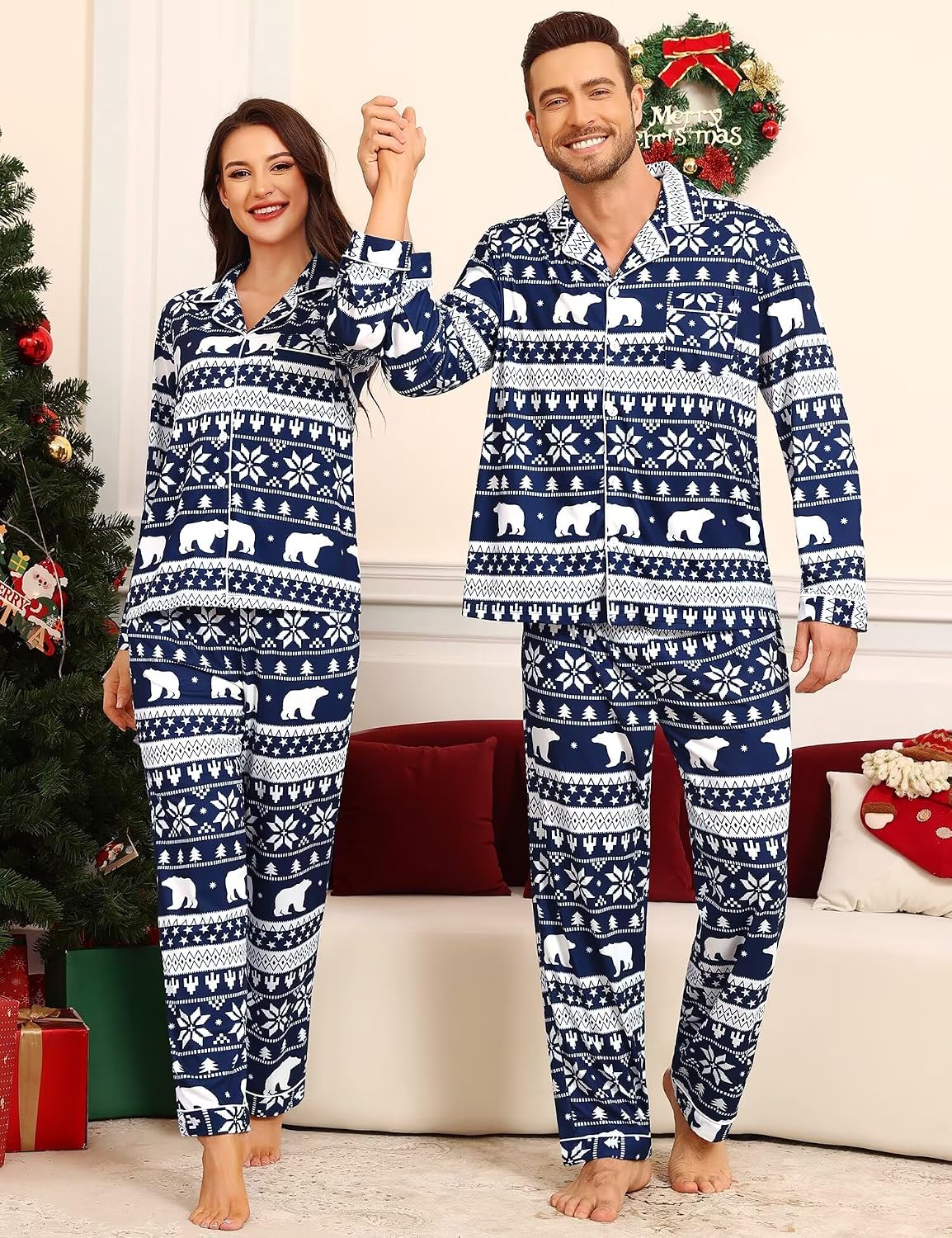 SWOMOG Matching Family Pajama Set Couple Christmas Printed Sleepwear Xmas Long Sleeve Lounge Set Men & Women Pjs Set
