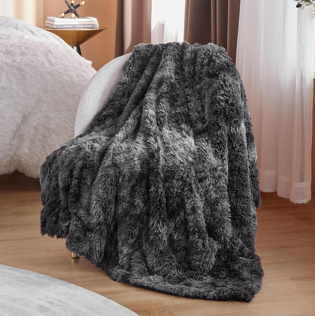 Bedsure Faux Fur Fluffy Sherpa Throw Blanket Twin Tie Dye Black 60"x80"