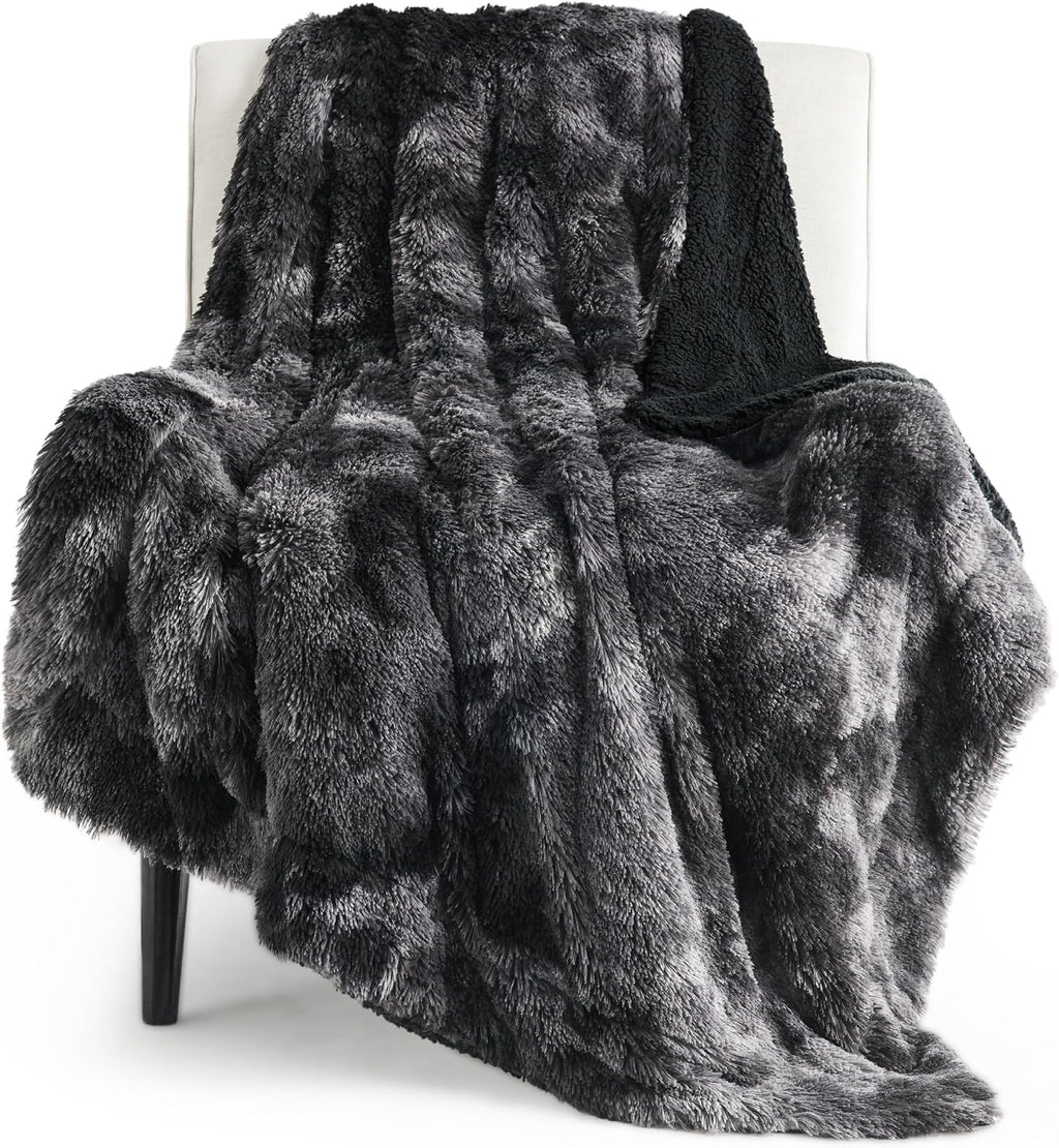 Bedsure Faux Fur Fluffy Sherpa Throw Blanket Twin Tie Dye Black 60"x80"