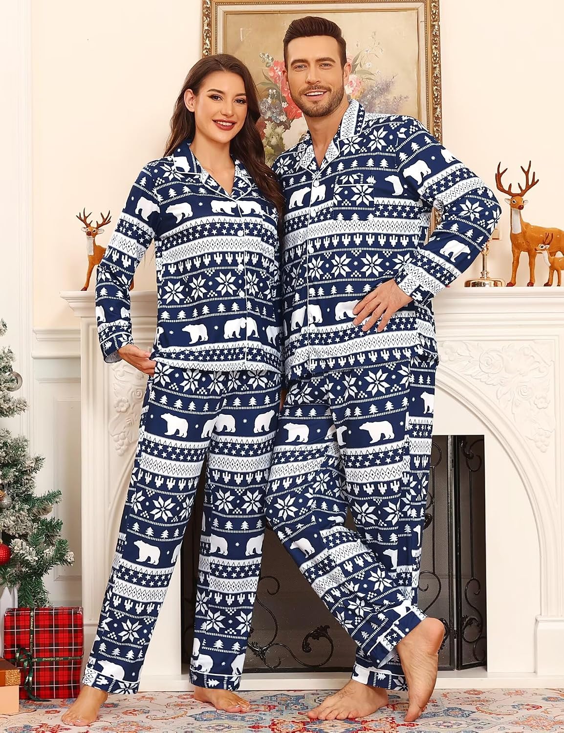 SWOMOG Matching Family Pajama Set Couple Christmas Printed Sleepwear Xmas Long Sleeve Lounge Set Men & Women Pjs Set