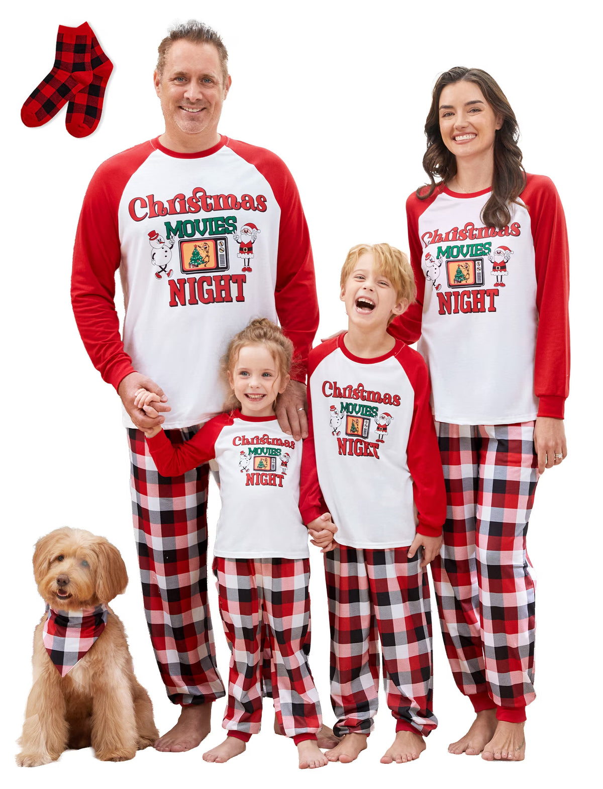 PatPat Girls or Boys Family Christmas Pajamas Matching Sets Red Plaid Pants Long Sleeves Santa Tops with Socks, 2-Piece, Size Kids: 8-9Y