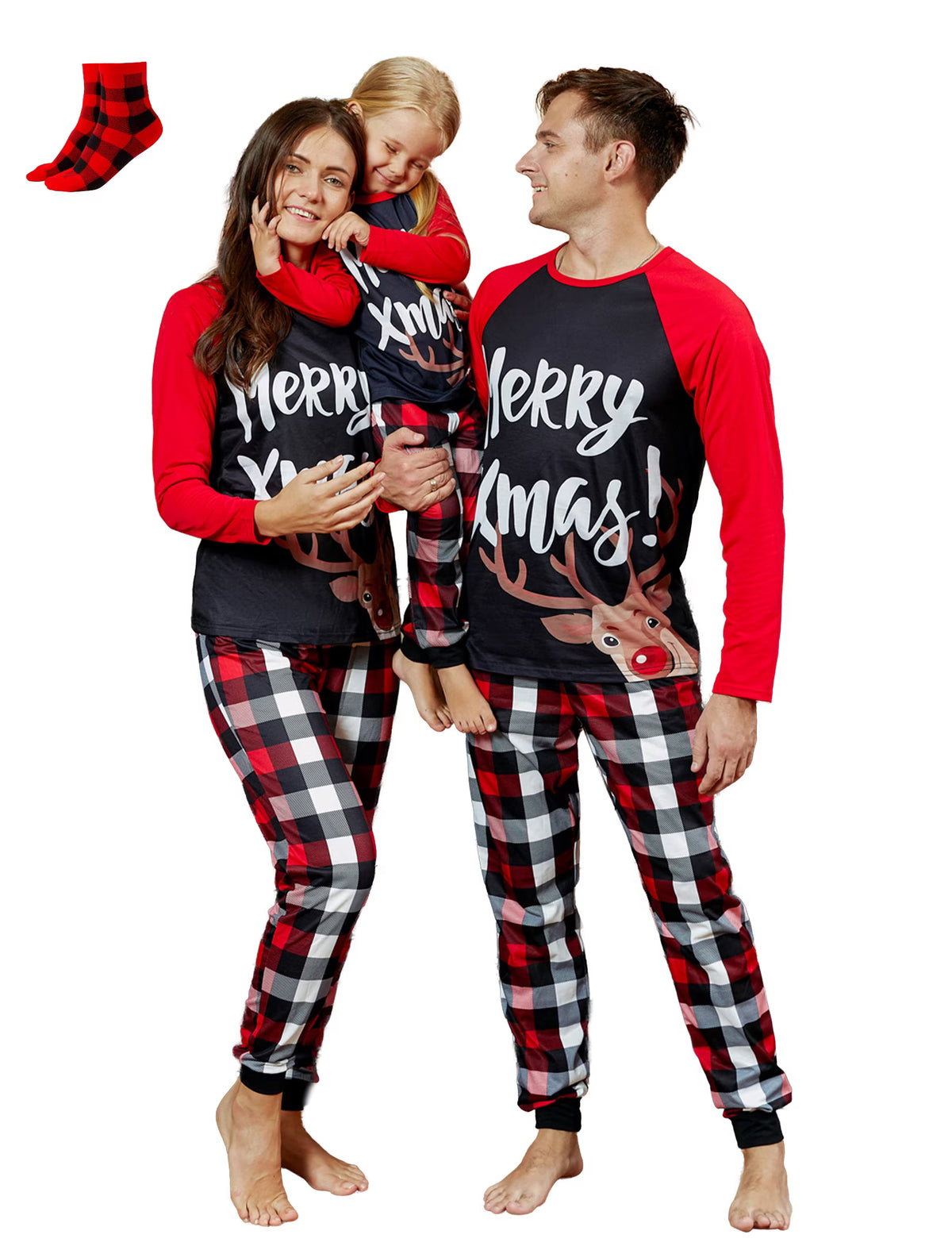 PatPat Christmas Pajamas Family Matching 2 Piece Couple Pjs Sets Letter & Deer Print Long Sleeve Top & Plaid Pants for Men Holiday Sleepwear with Socks, Black/Red, L