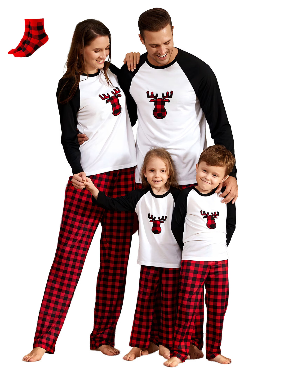 PatPat Christmas Pajamas Family Matching 2 Piece Pjs Sets for Baby Girls Boys Deer Plaid Pants with Holiday Socks, Black/White, 6-9 Months