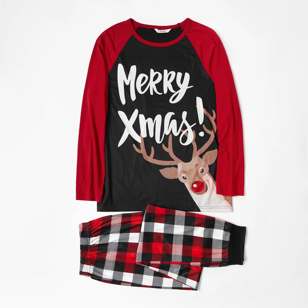 PatPat Christmas Pajamas Family Matching 2 Piece Couple Pjs Sets Letter & Deer Print Long Sleeve Top & Plaid Pants for Men Holiday Sleepwear with Socks, Black/Red, L