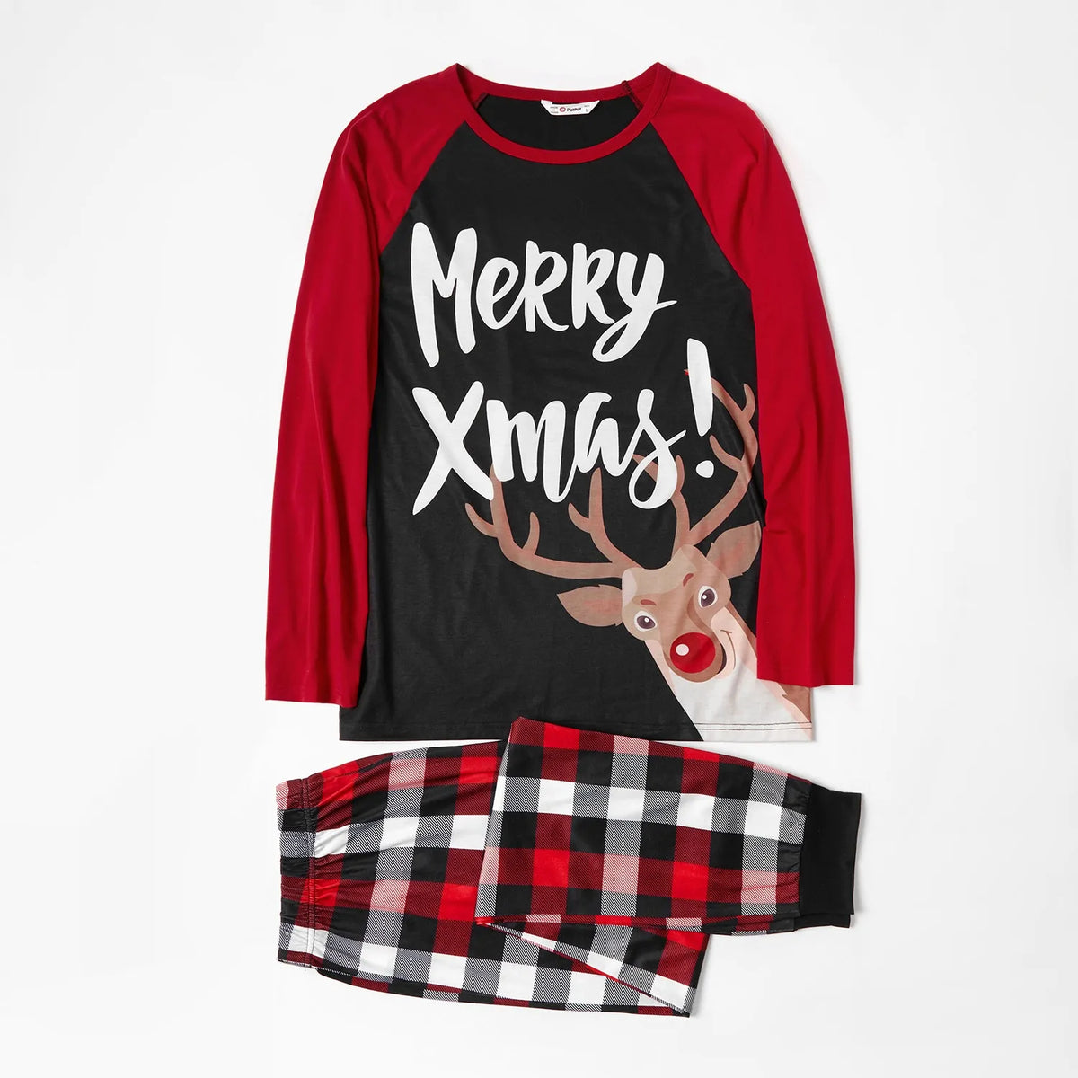PatPat Christmas Pajamas Family Matching 2 Piece Couple Pjs Sets Letter & Deer Print Long Sleeve Top & Plaid Pants for Men Holiday Sleepwear with Socks, Black/Red, L